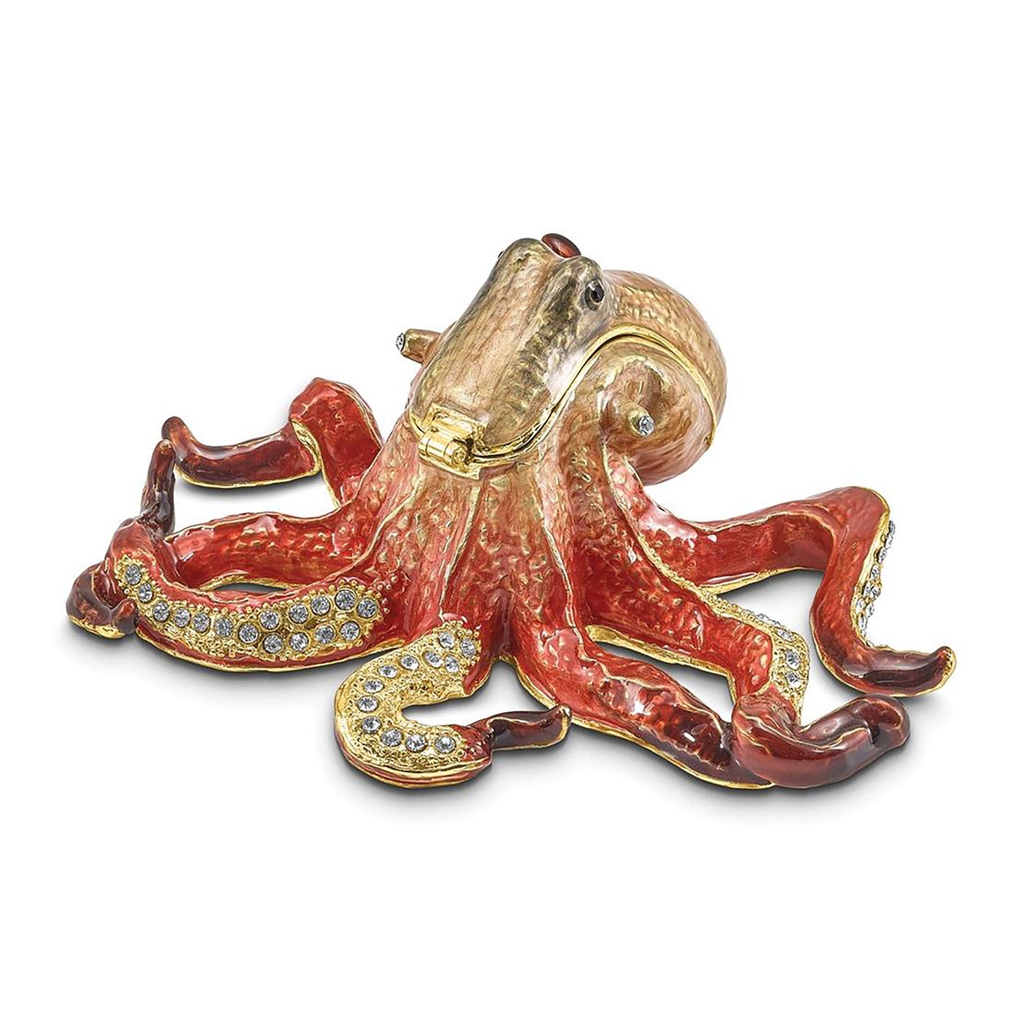 Pewter Bejeweled Crystals Gold-Tone Enameled Ola Octopus Trinket Container Bejeweled Trinket Box with Matching 18 Inch Necklace, Hand Painted Enameled Collectible Gift