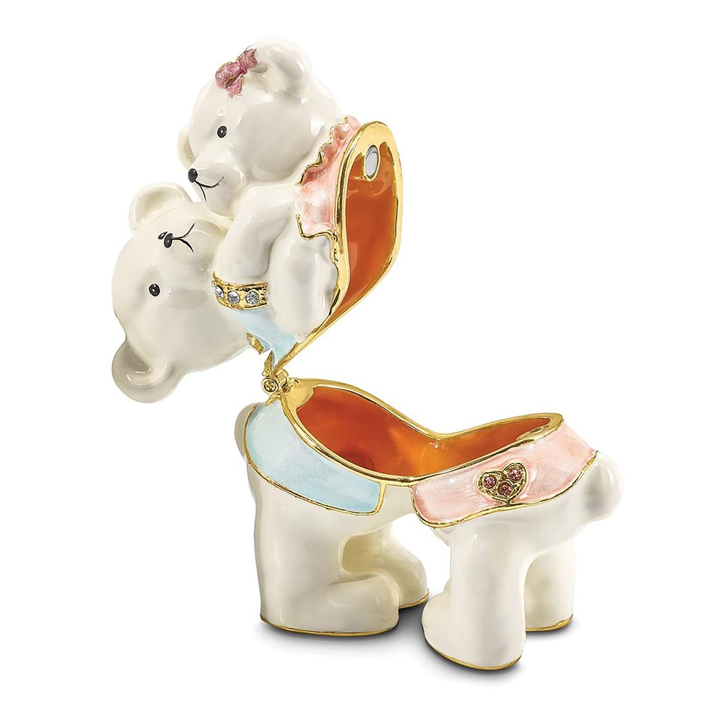 Pewter Bejeweled Crystals Gold-Tone Enameled Teddy And Tootsie Bears Trinket Container Bejeweled Trinket Box with Matching 18 Inch Necklace, Hand Painted Enameled Collectible Gift