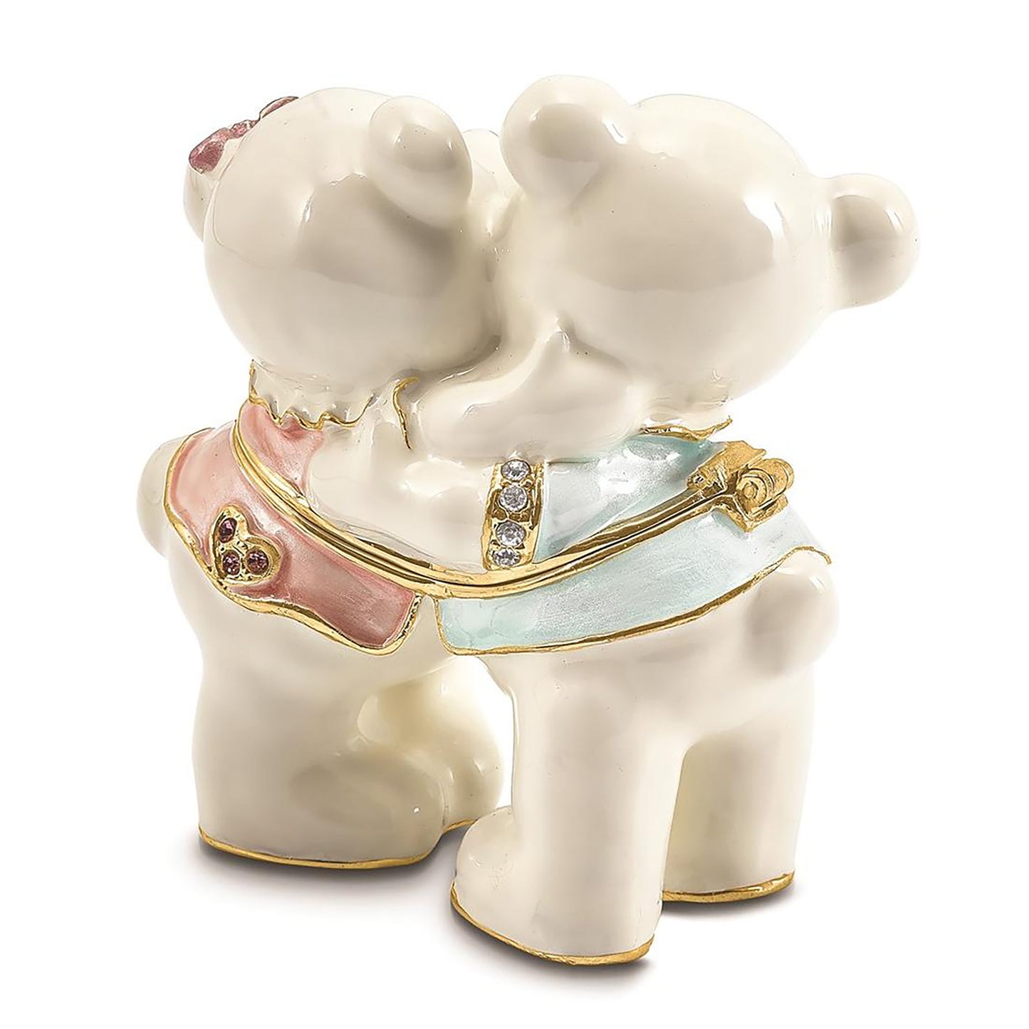 Pewter Bejeweled Crystals Gold-Tone Enameled Teddy And Tootsie Bears Trinket Container Bejeweled Trinket Box with Matching 18 Inch Necklace, Hand Painted Enameled Collectible Gift