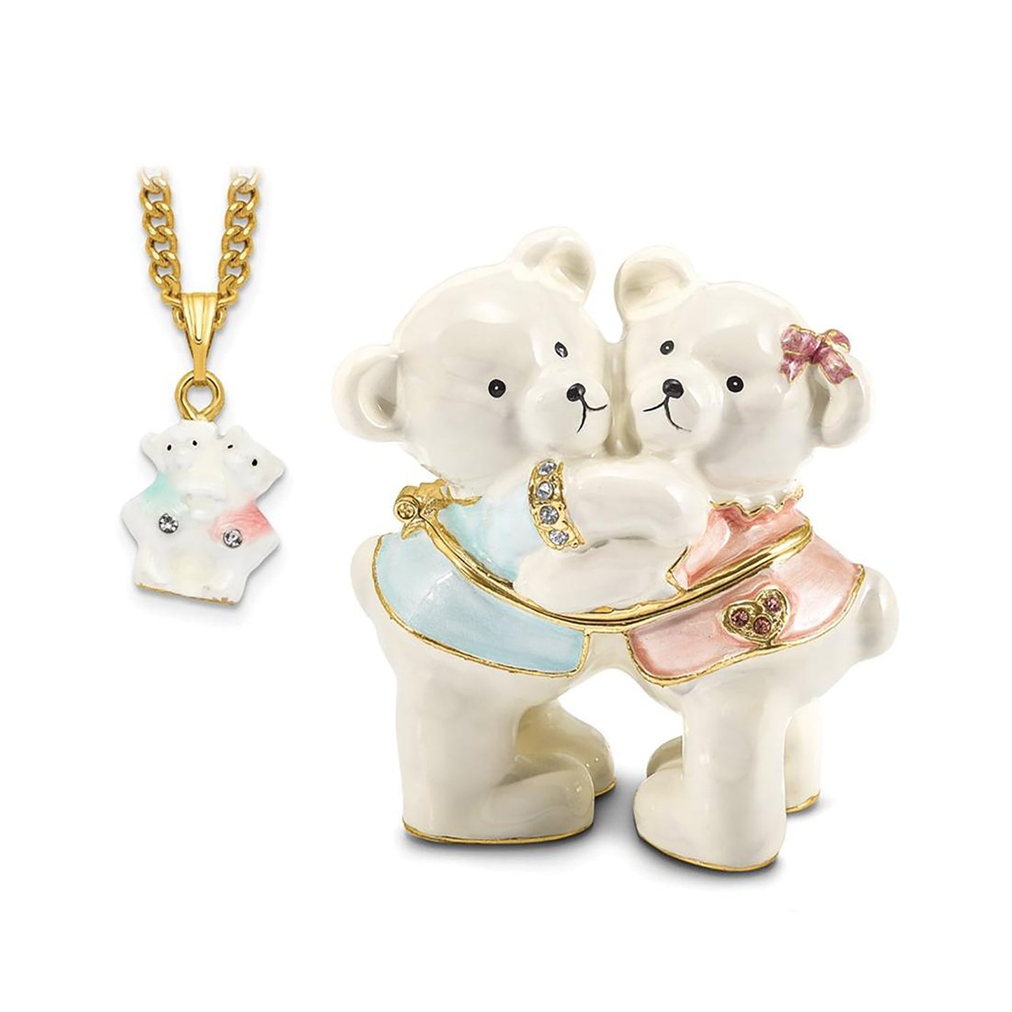 Pewter Bejeweled Crystals Gold-Tone Enameled Teddy And Tootsie Bears Trinket Container Bejeweled Trinket Box with Matching 18 Inch Necklace, Hand Painted Enameled Collectible Gift