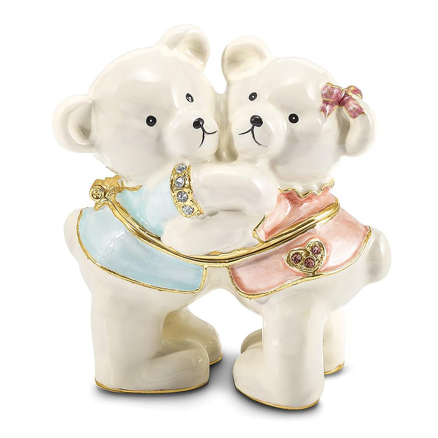 Pewter Bejeweled Crystals Gold-Tone Enameled Teddy And Tootsie Bears Trinket Container Bejeweled Trinket Box with Matching 18 Inch Necklace, Hand Painted Enameled Collectible Gift