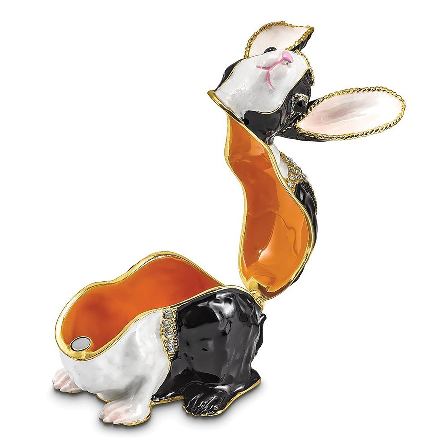 Pewter Bejeweled Crystals Gold-Tone Enameled Luna Black And White Bunny Trinket Container Bejeweled Trinket Box with Matching 18 Inch Necklace, Hand Painted Enameled Collectible Gift