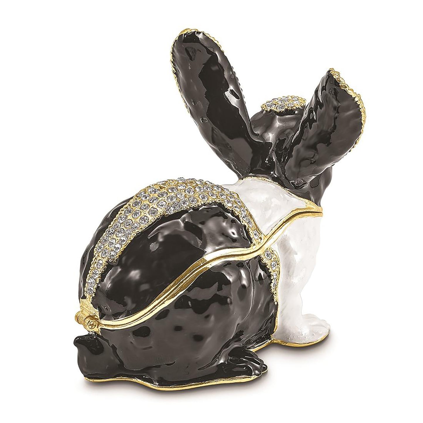 Pewter Bejeweled Crystals Gold-Tone Enameled Luna Black And White Bunny Trinket Container Bejeweled Trinket Box with Matching 18 Inch Necklace, Hand Painted Enameled Collectible Gift