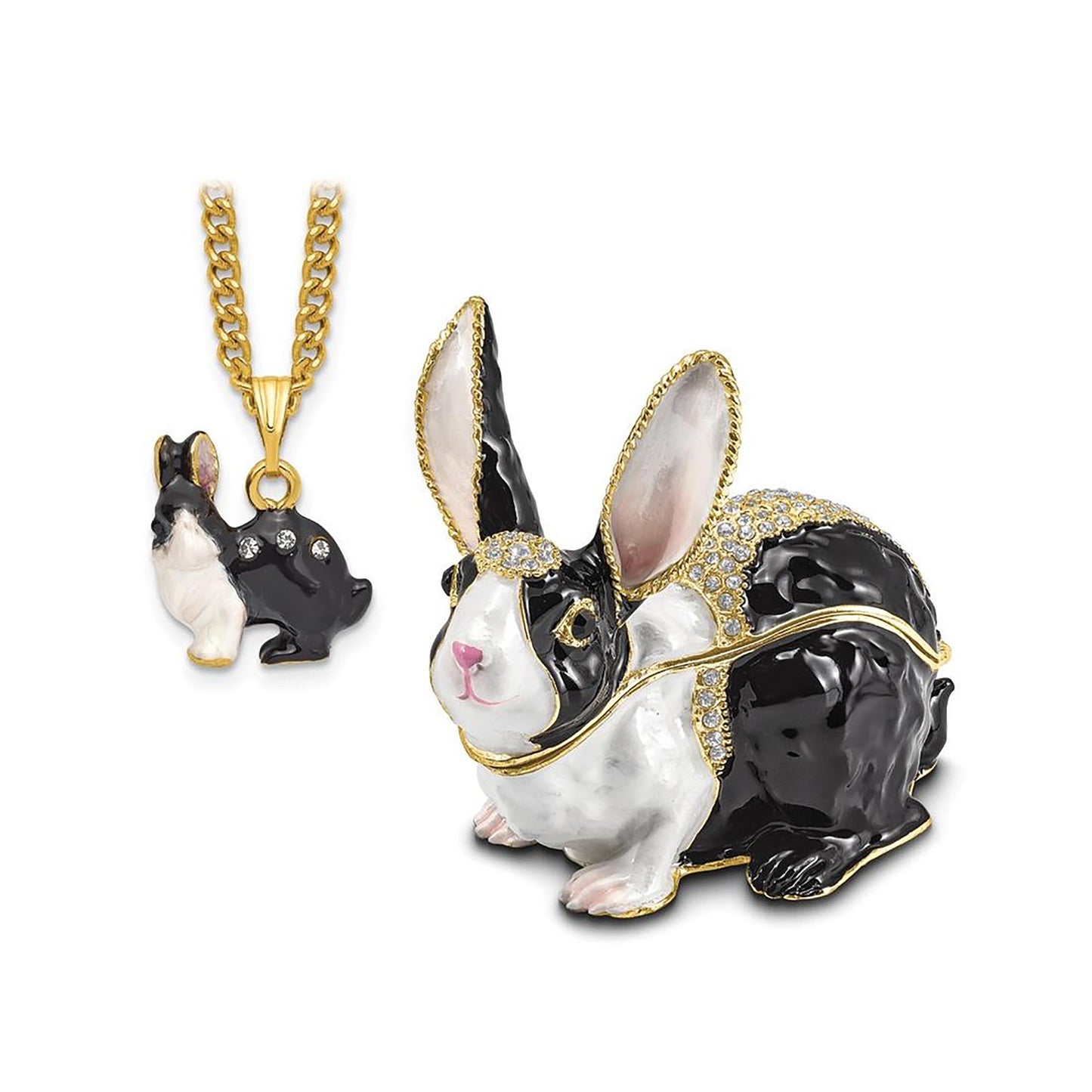 Pewter Bejeweled Crystals Gold-Tone Enameled Luna Black And White Bunny Trinket Container Bejeweled Trinket Box with Matching 18 Inch Necklace, Hand Painted Enameled Collectible Gift