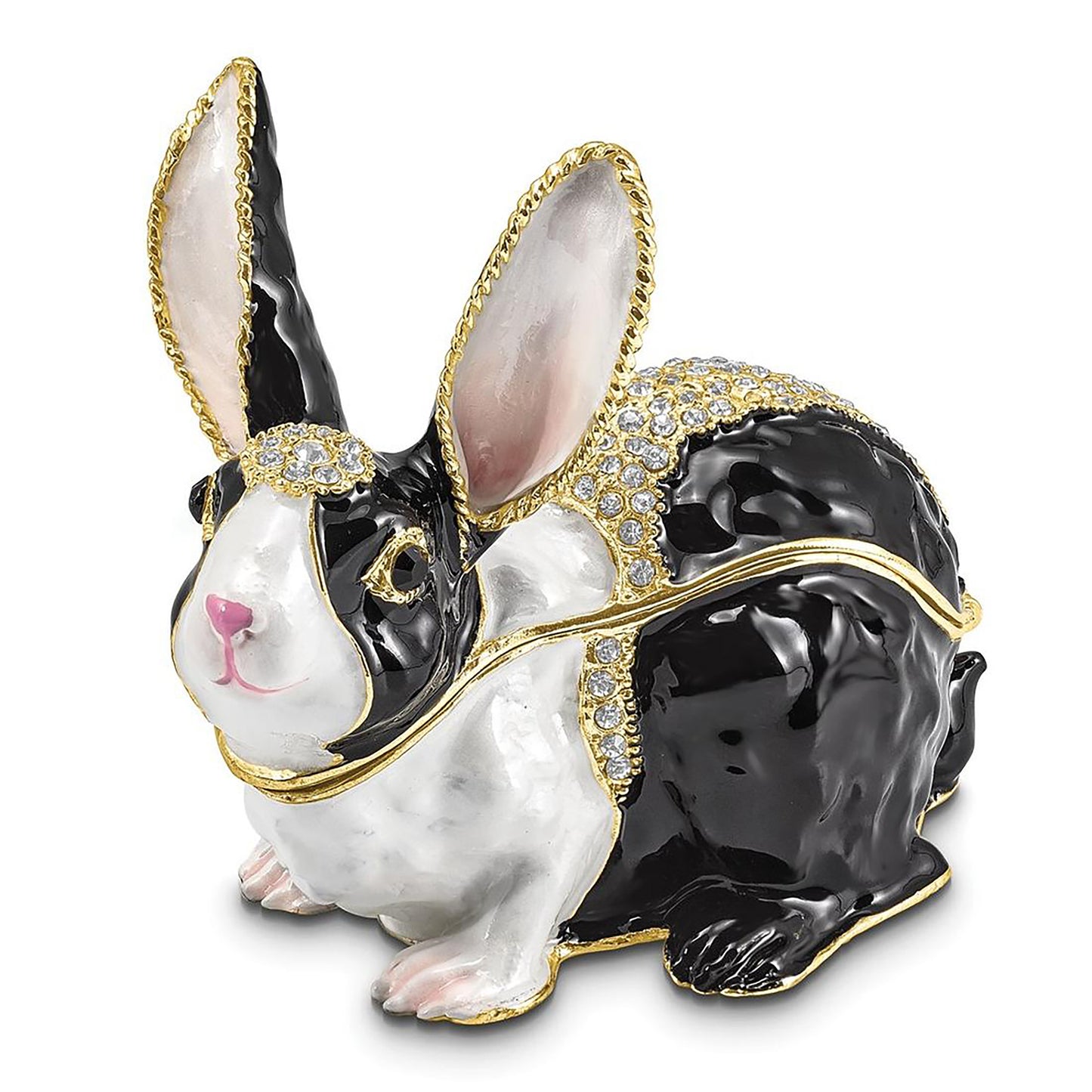 Pewter Bejeweled Crystals Gold-Tone Enameled Luna Black And White Bunny Trinket Container Bejeweled Trinket Box with Matching 18 Inch Necklace, Hand Painted Enameled Collectible Gift