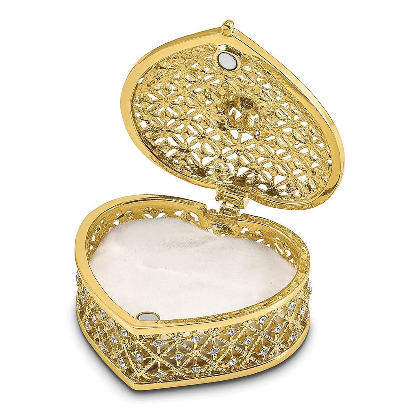 Pewter Bejeweled Crystals Gold-Tone Enameled Romance Filigree Heart W/Ring Pad Trinket Container Bejeweled Trinket Box with Matching 18 Inch Necklace, Hand Painted Enameled Collectible Gift