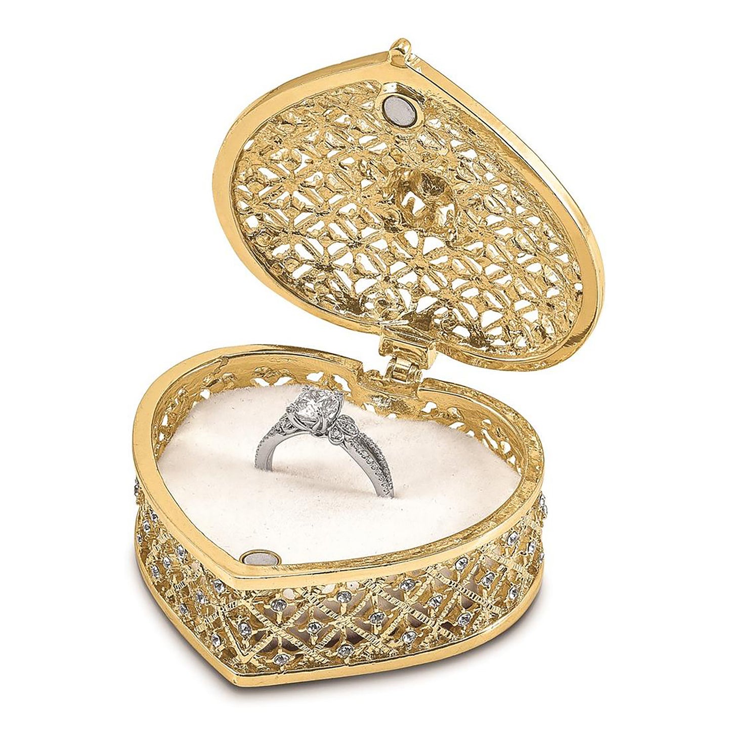 Pewter Bejeweled Crystals Gold-Tone Enameled Romance Filigree Heart W/Ring Pad Trinket Container Bejeweled Trinket Box with Matching 18 Inch Necklace, Hand Painted Enameled Collectible Gift