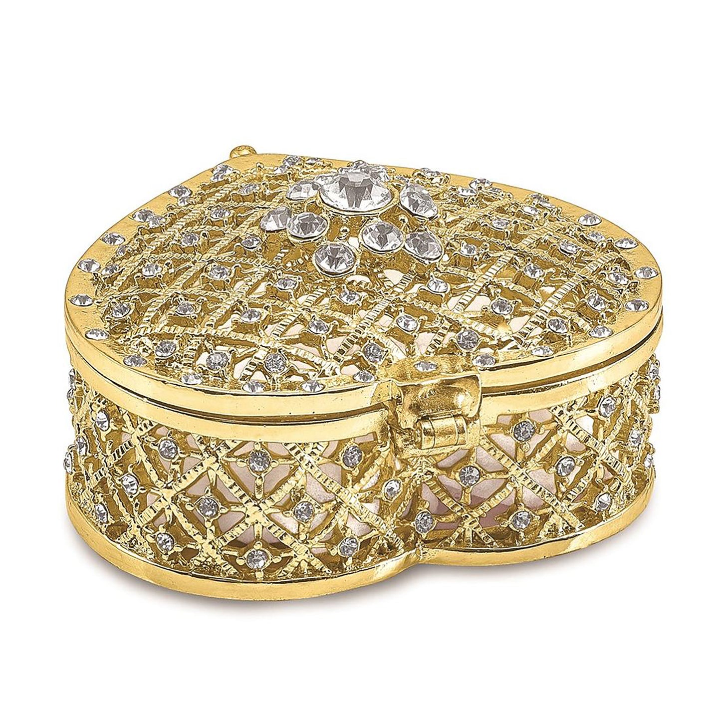 Pewter Bejeweled Crystals Gold-Tone Enameled Romance Filigree Heart W/Ring Pad Trinket Container Bejeweled Trinket Box with Matching 18 Inch Necklace, Hand Painted Enameled Collectible Gift
