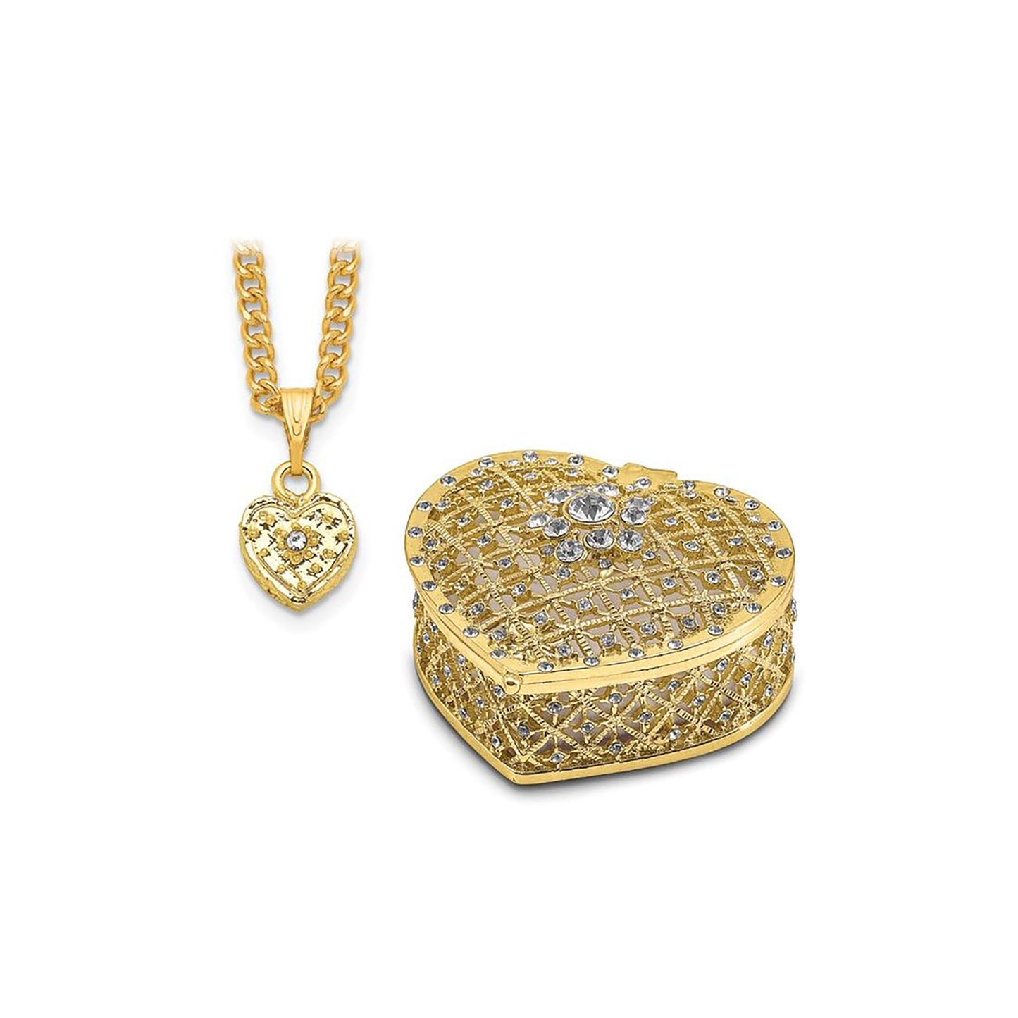 Pewter Bejeweled Crystals Gold-Tone Enameled Romance Filigree Heart W/Ring Pad Trinket Container Bejeweled Trinket Box with Matching 18 Inch Necklace, Hand Painted Enameled Collectible Gift