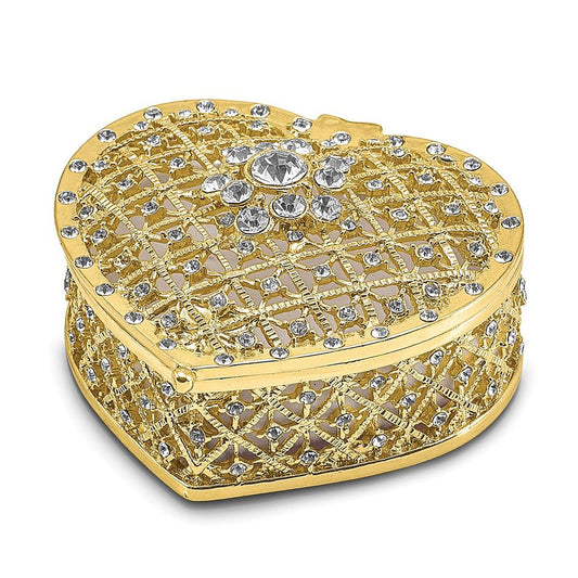 Pewter Bejeweled Crystals Gold-Tone Enameled Romance Filigree Heart W/Ring Pad Trinket Container Bejeweled Trinket Box with Matching 18 Inch Necklace, Hand Painted Enameled Collectible Gift