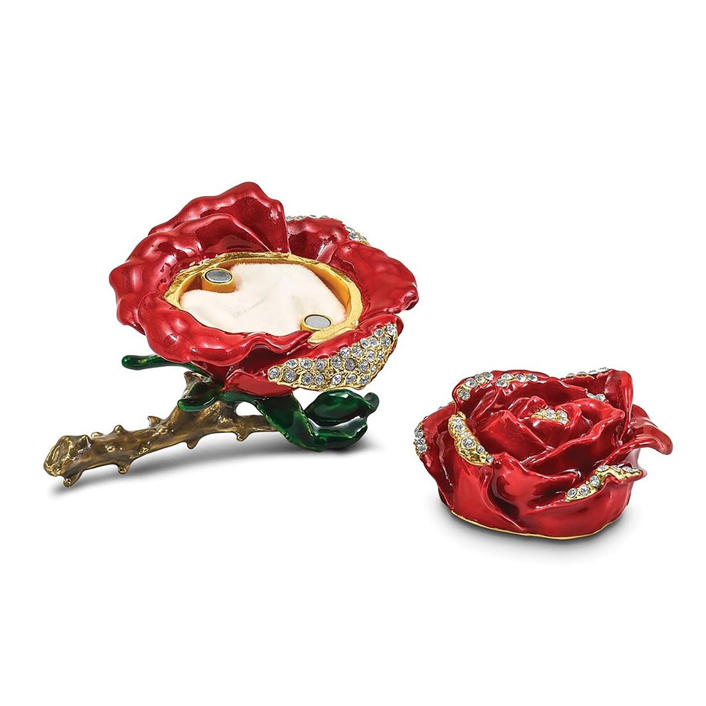 Pewter Bejeweled Crystals Gold-Tone Enameled Rosa Red Rose W/Ring Pad Trinket Container Bejeweled Trinket Box with Matching 18 Inch Necklace, Hand Painted Enameled Collectible Gift