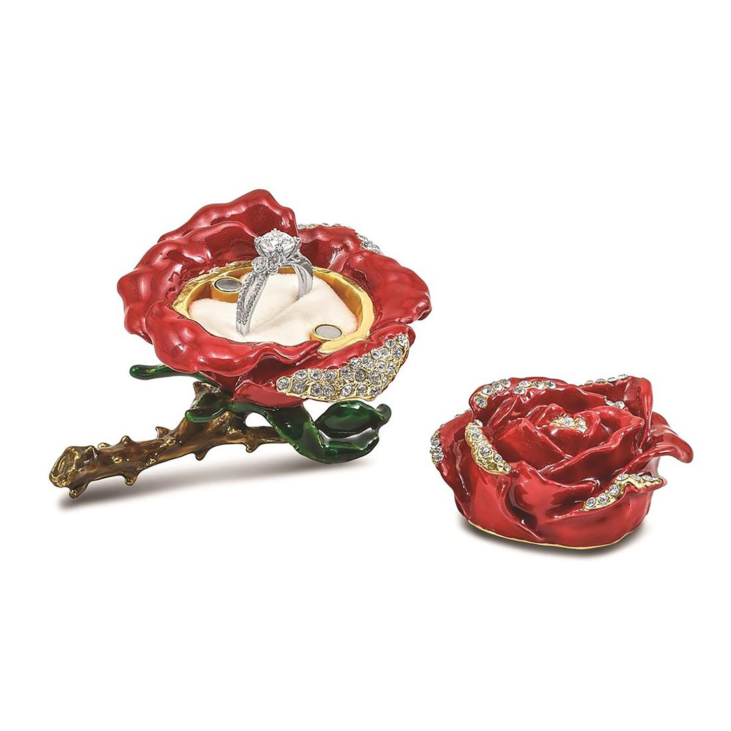 Pewter Bejeweled Crystals Gold-Tone Enameled Rosa Red Rose W/Ring Pad Trinket Container Bejeweled Trinket Box with Matching 18 Inch Necklace, Hand Painted Enameled Collectible Gift