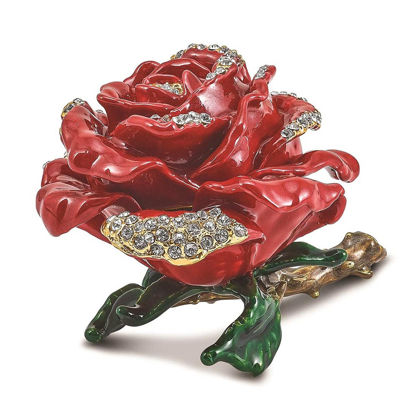 Pewter Bejeweled Crystals Gold-Tone Enameled Rosa Red Rose W/Ring Pad Trinket Container Bejeweled Trinket Box with Matching 18 Inch Necklace, Hand Painted Enameled Collectible Gift