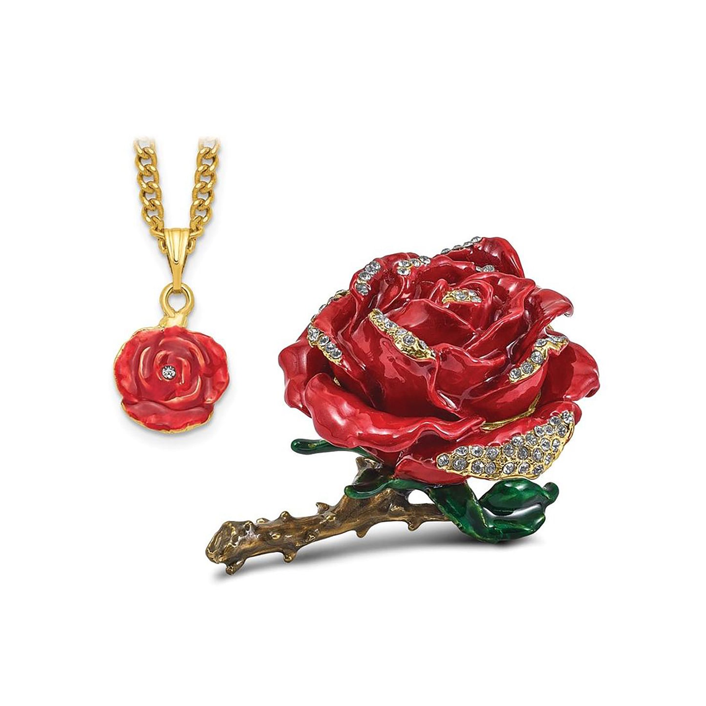 Pewter Bejeweled Crystals Gold-Tone Enameled Rosa Red Rose W/Ring Pad Trinket Container Bejeweled Trinket Box with Matching 18 Inch Necklace, Hand Painted Enameled Collectible Gift