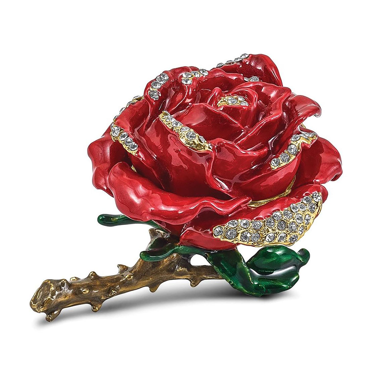 Pewter Bejeweled Crystals Gold-Tone Enameled Rosa Red Rose W/Ring Pad Trinket Container Bejeweled Trinket Box with Matching 18 Inch Necklace, Hand Painted Enameled Collectible Gift