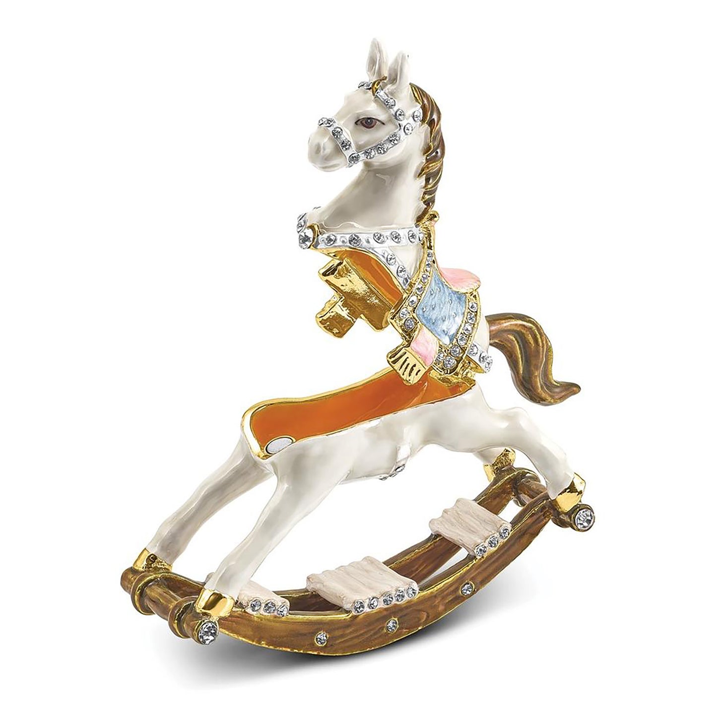 Pewter Bejeweled Crystals Gold-Tone Enameled Rima Rocking Horse Trinket Container Bejeweled Trinket Box with Matching 18 Inch Necklace, Hand Painted Enameled Collectible Gift