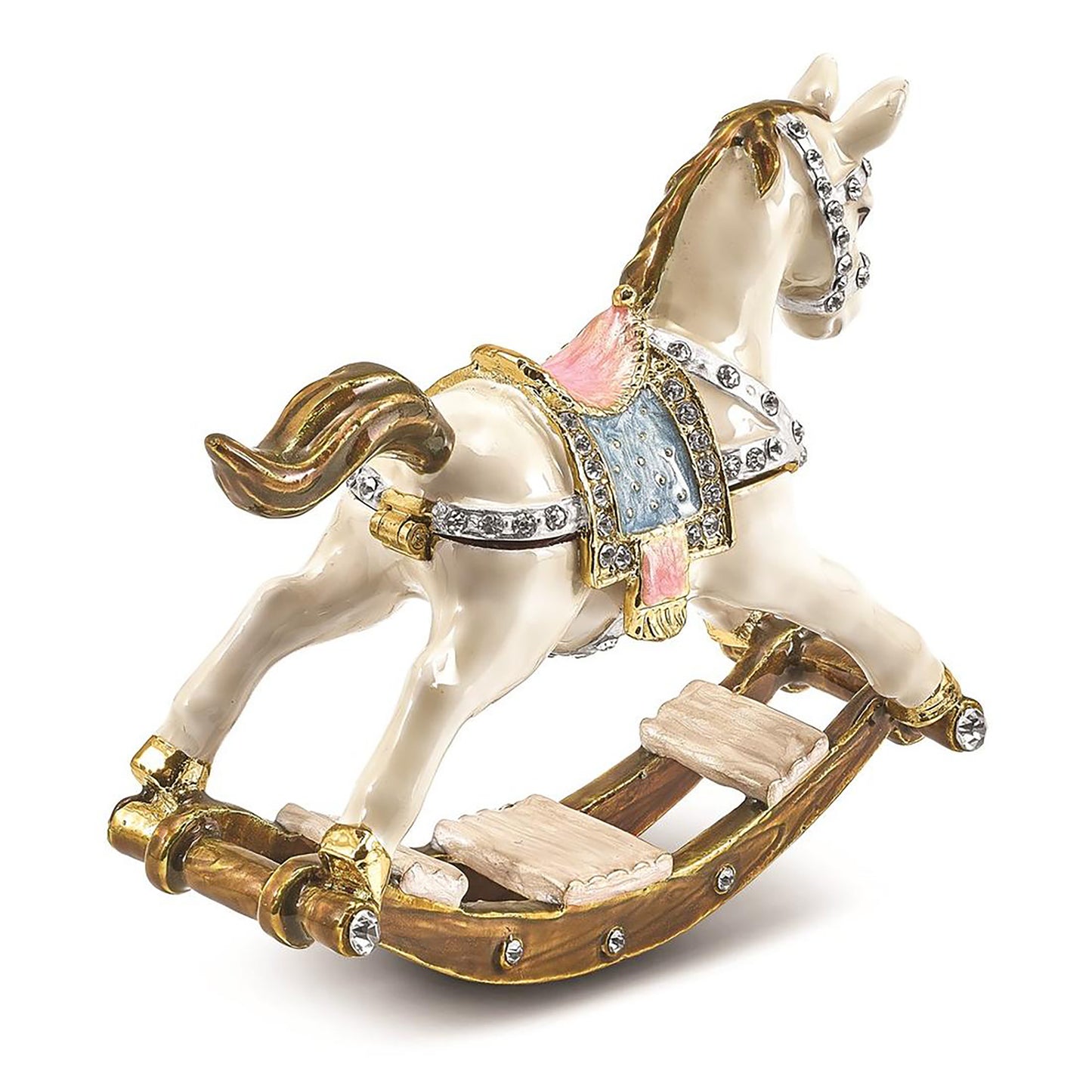 Pewter Bejeweled Crystals Gold-Tone Enameled Rima Rocking Horse Trinket Container Bejeweled Trinket Box with Matching 18 Inch Necklace, Hand Painted Enameled Collectible Gift