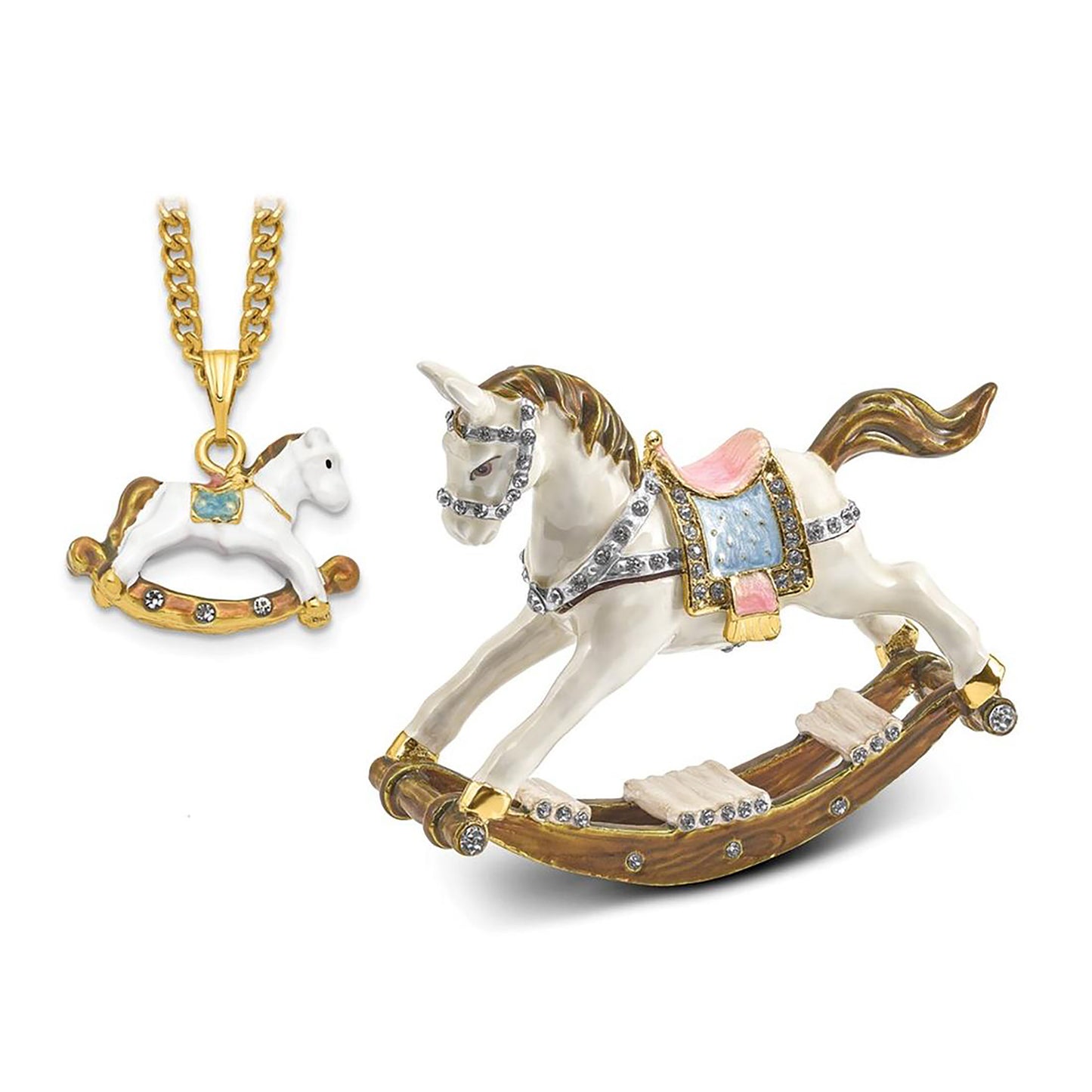 Pewter Bejeweled Crystals Gold-Tone Enameled Rima Rocking Horse Trinket Container Bejeweled Trinket Box with Matching 18 Inch Necklace, Hand Painted Enameled Collectible Gift