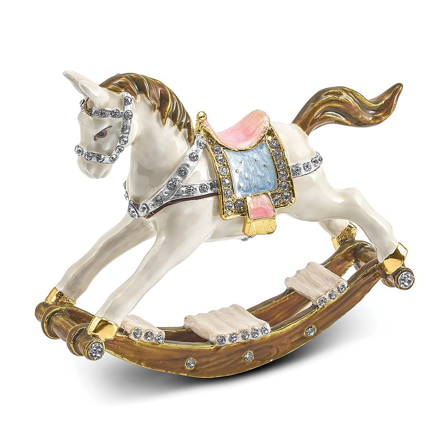 Pewter Bejeweled Crystals Gold-Tone Enameled Rima Rocking Horse Trinket Container Bejeweled Trinket Box with Matching 18 Inch Necklace, Hand Painted Enameled Collectible Gift