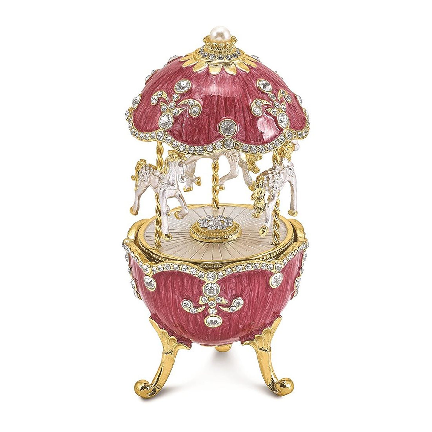 Pewter Bejeweled Crystals Gold-Tone Enameled Carousel (Plays It'S A Small World) Musical Egg Figurine Bejeweled Trinket Box with Matching 18 Inch Necklace, Hand Painted Enameled Collectible Gift