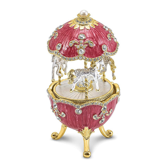 Pewter Bejeweled Crystals Gold-Tone Enameled Carousel (Plays It'S A Small World) Musical Egg Figurine Bejeweled Trinket Box with Matching 18 Inch Necklace, Hand Painted Enameled Collectible Gift
