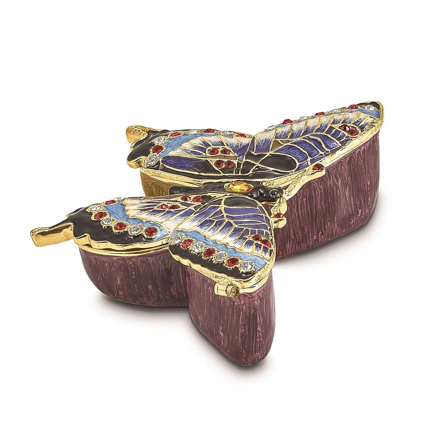 Pewter Bejeweled Crystals Gold-Tone Enameled Jeannie Blue Butterfly Trinket Container Bejeweled Trinket Box with Matching 18 Inch Necklace, Hand Painted Enameled Collectible Gift
