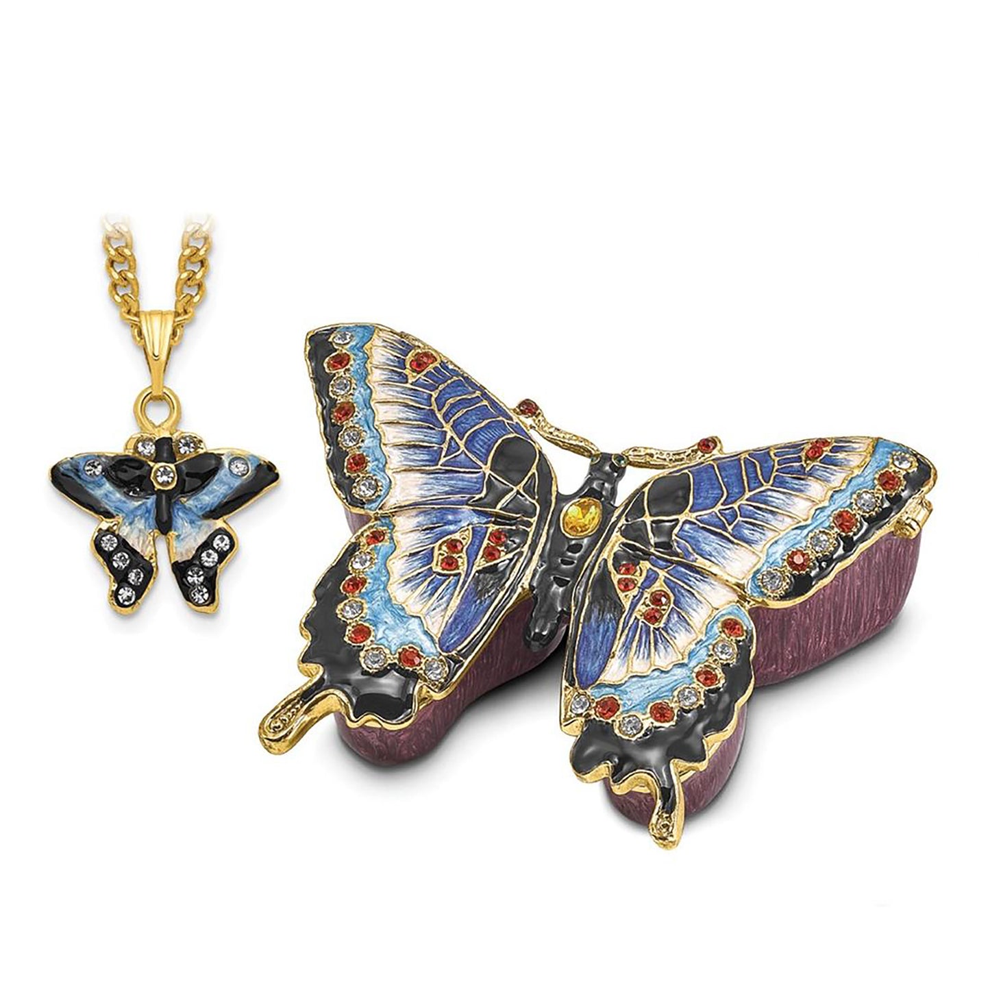 Pewter Bejeweled Crystals Gold-Tone Enameled Jeannie Blue Butterfly Trinket Container Bejeweled Trinket Box with Matching 18 Inch Necklace, Hand Painted Enameled Collectible Gift