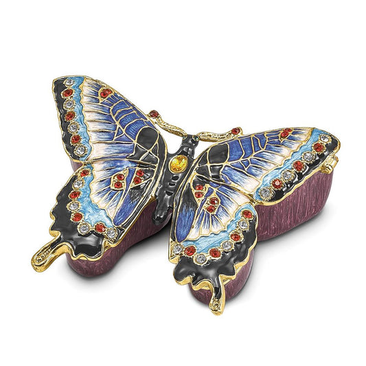 Pewter Bejeweled Crystals Gold-Tone Enameled Jeannie Blue Butterfly Trinket Container Bejeweled Trinket Box with Matching 18 Inch Necklace, Hand Painted Enameled Collectible Gift