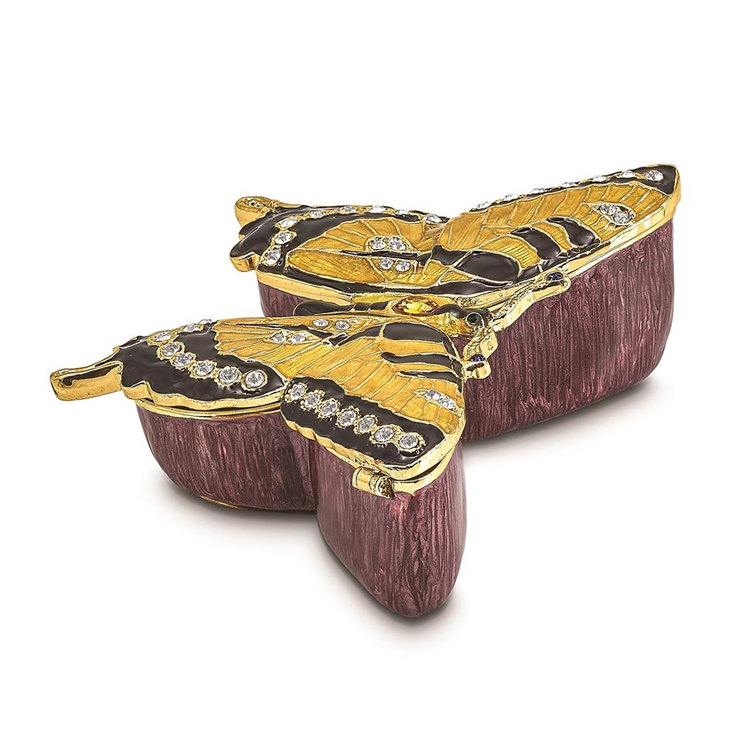 Pewter Bejeweled Crystals Gold-Tone Enameled Marion Yellow Monarch Butterfly Trinket Container Bejeweled Trinket Box with Matching 18 Inch Necklace, Hand Painted Enameled Collectible Gift