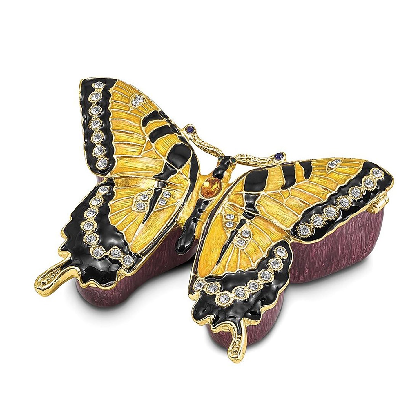 Pewter Bejeweled Crystals Gold-Tone Enameled Marion Yellow Monarch Butterfly Trinket Container Bejeweled Trinket Box with Matching 18 Inch Necklace, Hand Painted Enameled Collectible Gift