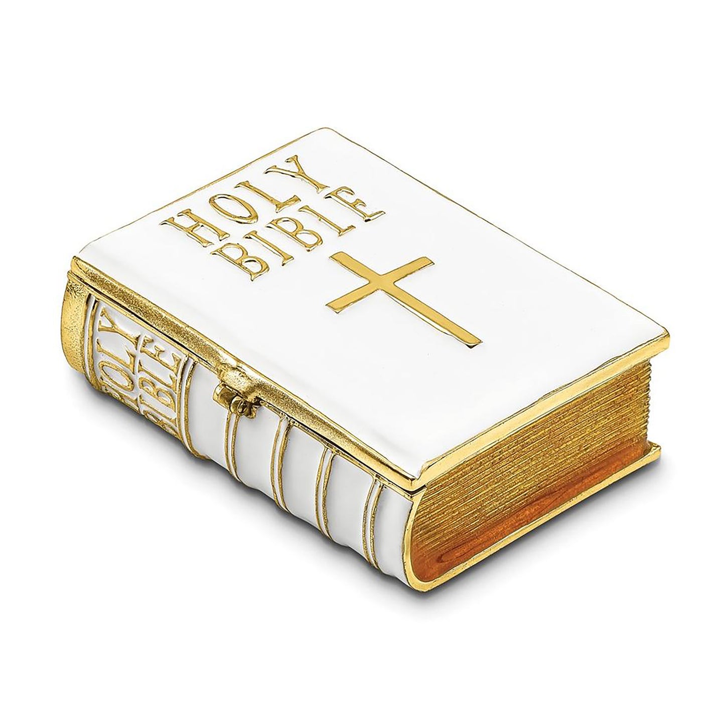 Pewter Bejeweled Crystals Gold-Tone Enameled Prayer White Bible Trinket Container Bejeweled Trinket Box with Matching 18 Inch Necklace, Hand Painted Enameled Collectible Gift