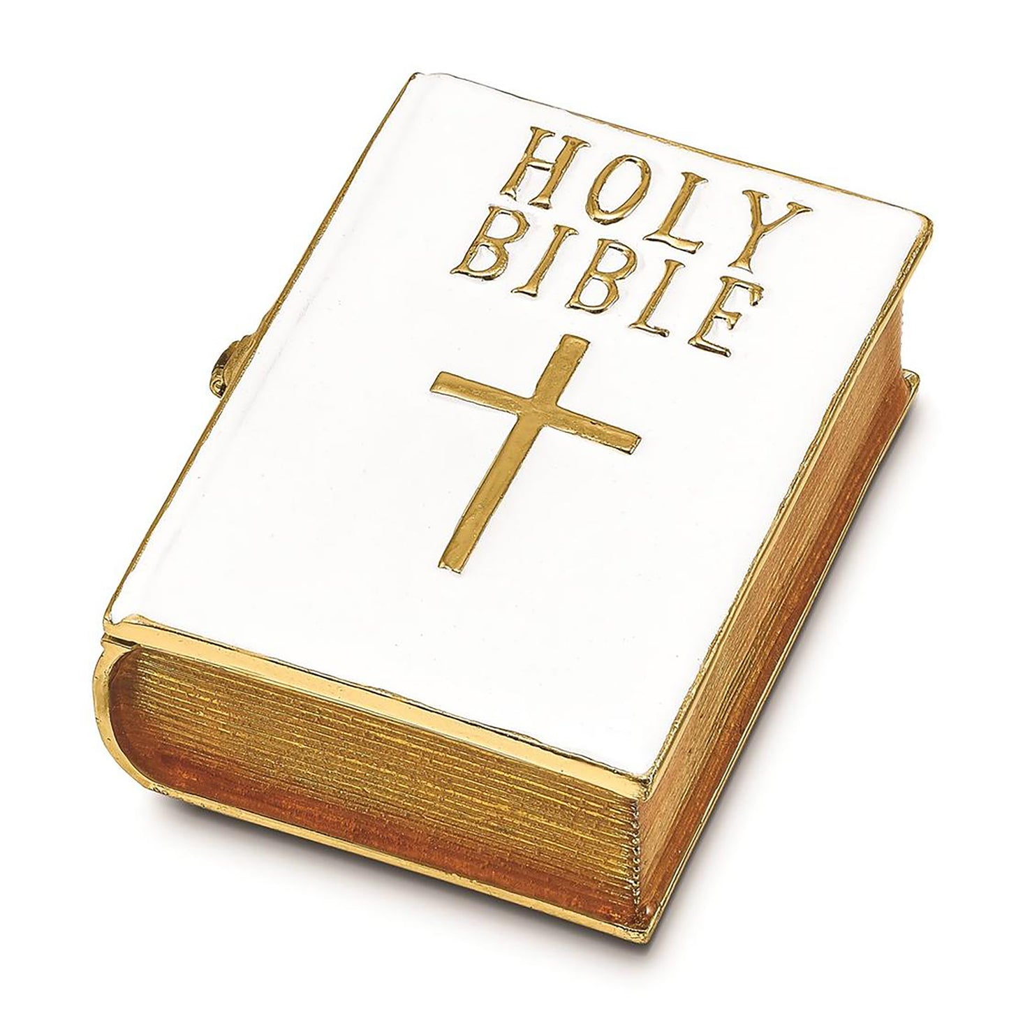 Pewter Bejeweled Crystals Gold-Tone Enameled Prayer White Bible Trinket Container Bejeweled Trinket Box with Matching 18 Inch Necklace, Hand Painted Enameled Collectible Gift