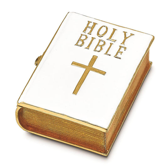 Pewter Bejeweled Crystals Gold-Tone Enameled Prayer White Bible Trinket Container Bejeweled Trinket Box with Matching 18 Inch Necklace, Hand Painted Enameled Collectible Gift