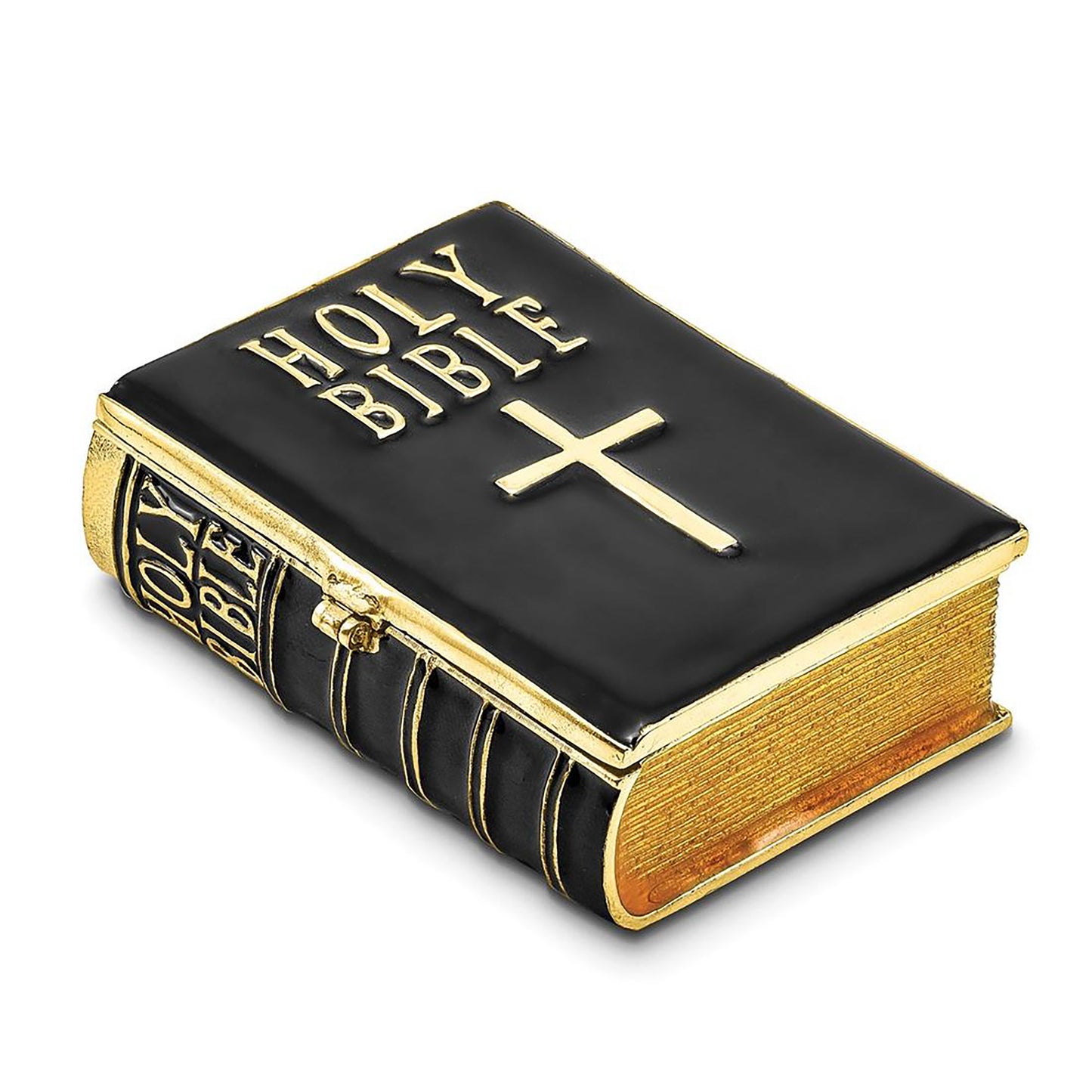 Pewter Bejeweled Crystals Gold-Tone Enameled Devotion Black Bible Trinket Container Bejeweled Trinket Box with Matching 18 Inch Necklace, Hand Painted Enameled Collectible Gift