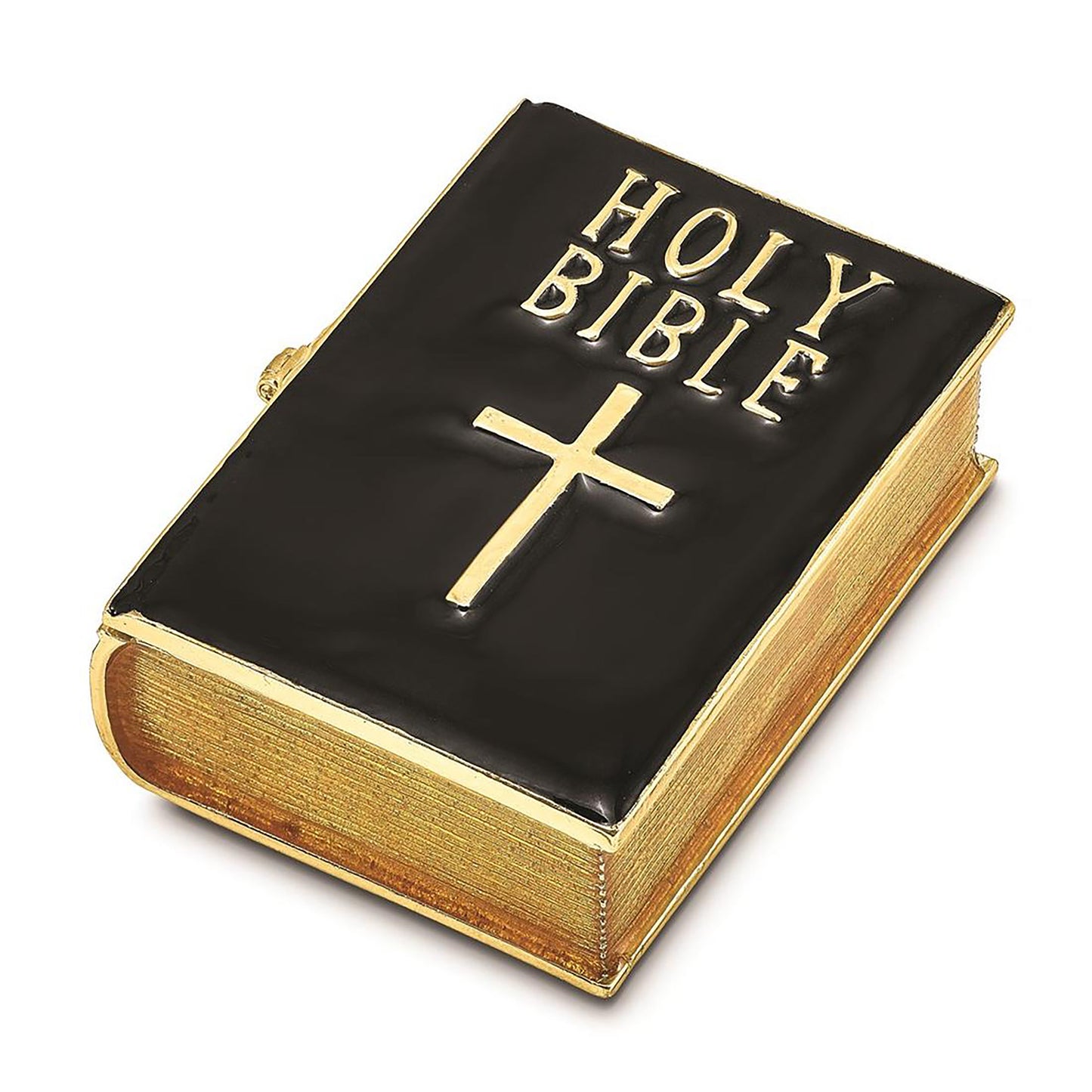 Pewter Bejeweled Crystals Gold-Tone Enameled Devotion Black Bible Trinket Container Bejeweled Trinket Box with Matching 18 Inch Necklace, Hand Painted Enameled Collectible Gift