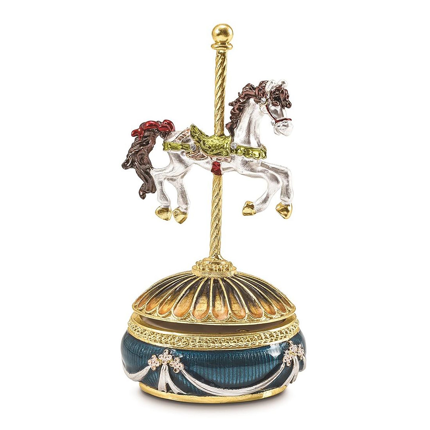 Pewter Bejeweled Crystals Gold-Tone Enameled Pal (Plays It'S A Small World) Carousel Horse Musical Figurine Bejeweled Trinket Box with Matching 18 Inch Necklace, Hand Painted Enameled Collectible Gift