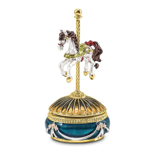 Pewter Bejeweled Crystals Gold-Tone Enameled Pal (Plays It'S A Small World) Carousel Horse Musical Figurine Bejeweled Trinket Box with Matching 18 Inch Necklace, Hand Painted Enameled Collectible Gift