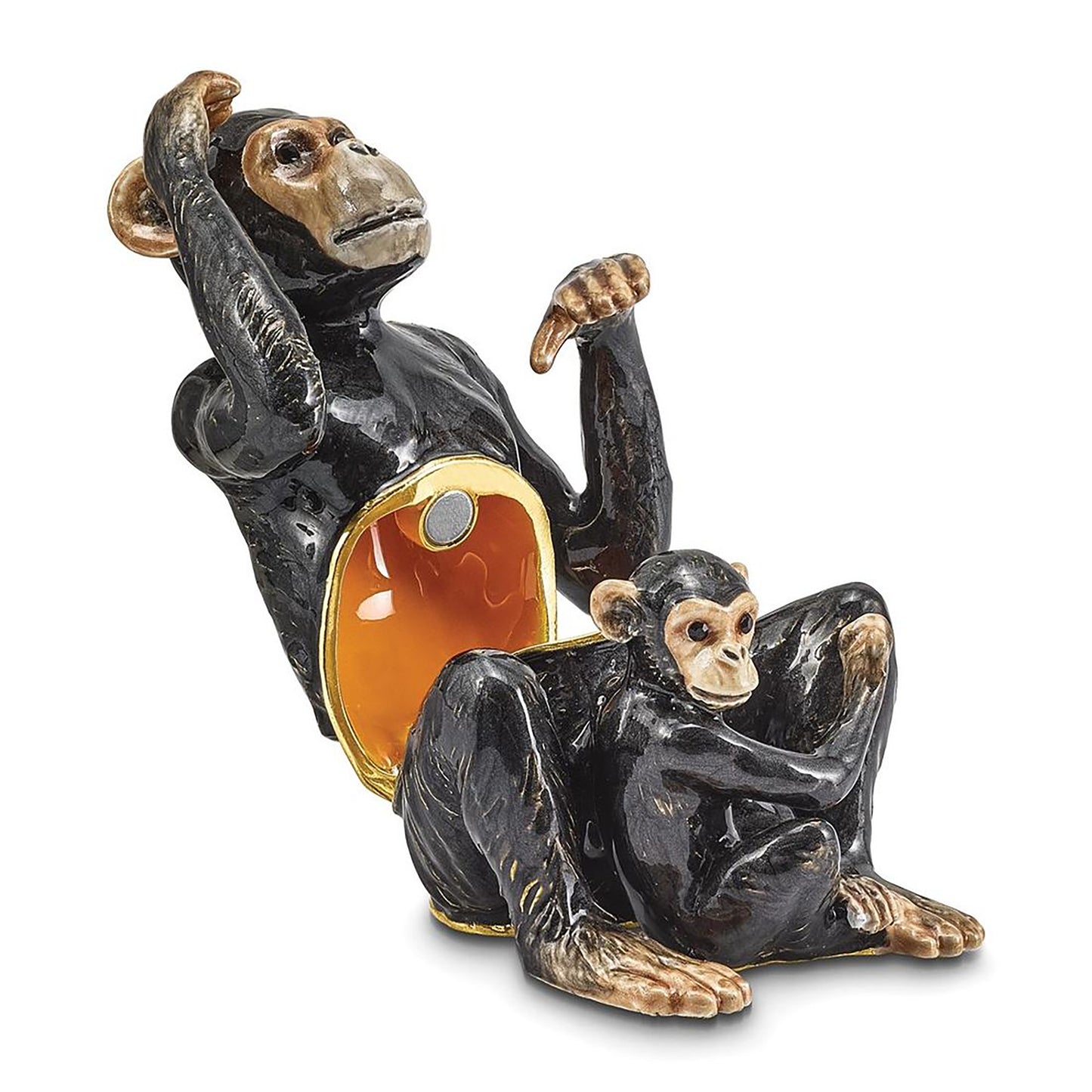 Pewter Bejeweled Crystals Gold-Tone Enameled Chia And Chi Chi Chimpanzee And Baby Trinket Container Bejeweled Trinket Box with Matching 18 Inch Necklace, Hand Painted Enameled Collectible Gift
