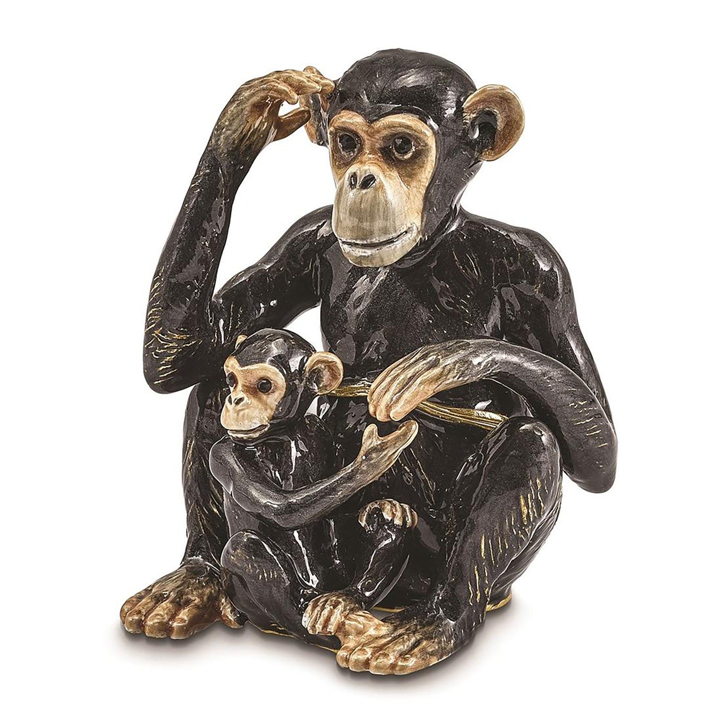 Pewter Bejeweled Crystals Gold-Tone Enameled Chia And Chi Chi Chimpanzee And Baby Trinket Container Bejeweled Trinket Box with Matching 18 Inch Necklace, Hand Painted Enameled Collectible Gift