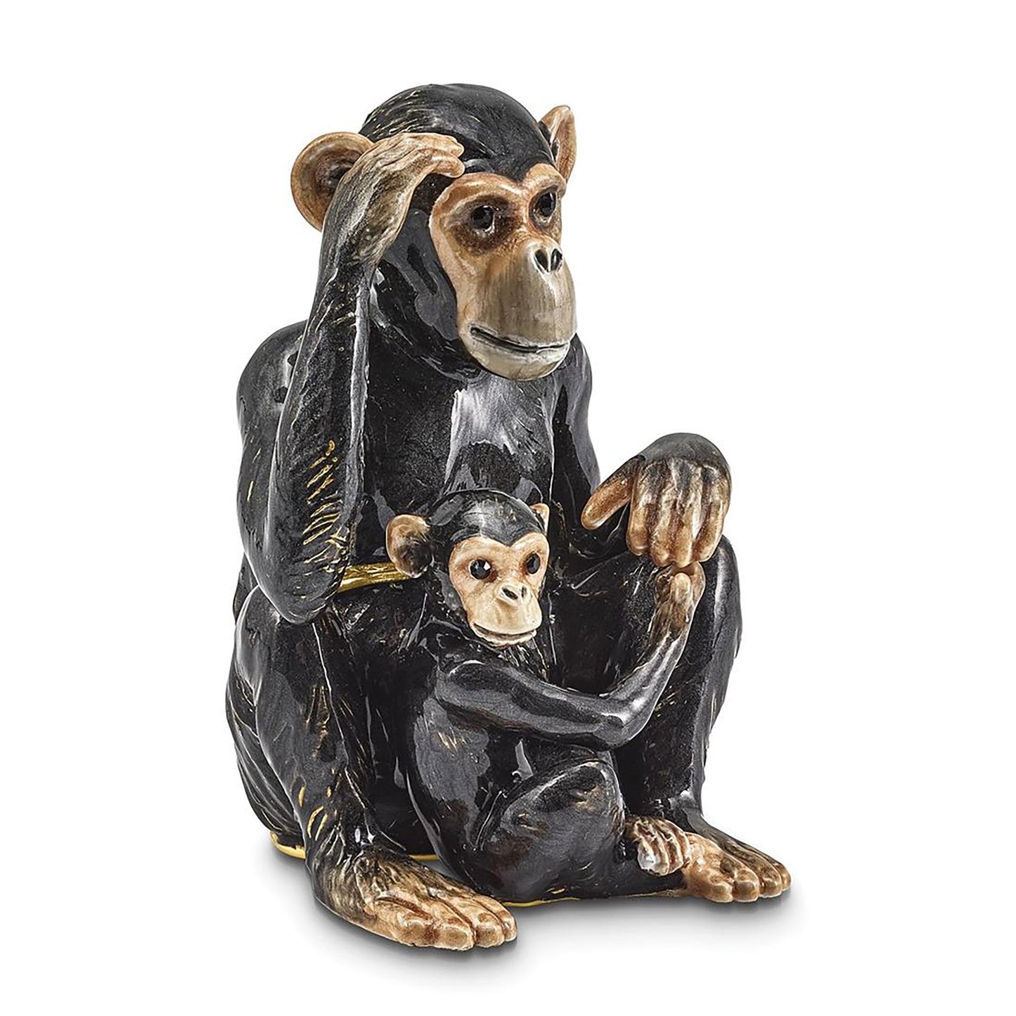 Pewter Bejeweled Crystals Gold-Tone Enameled Chia And Chi Chi Chimpanzee And Baby Trinket Container Bejeweled Trinket Box with Matching 18 Inch Necklace, Hand Painted Enameled Collectible Gift