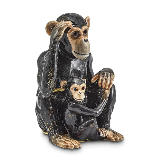 Pewter Bejeweled Crystals Gold-Tone Enameled Chia And Chi Chi Chimpanzee And Baby Trinket Container Bejeweled Trinket Box with Matching 18 Inch Necklace, Hand Painted Enameled Collectible Gift