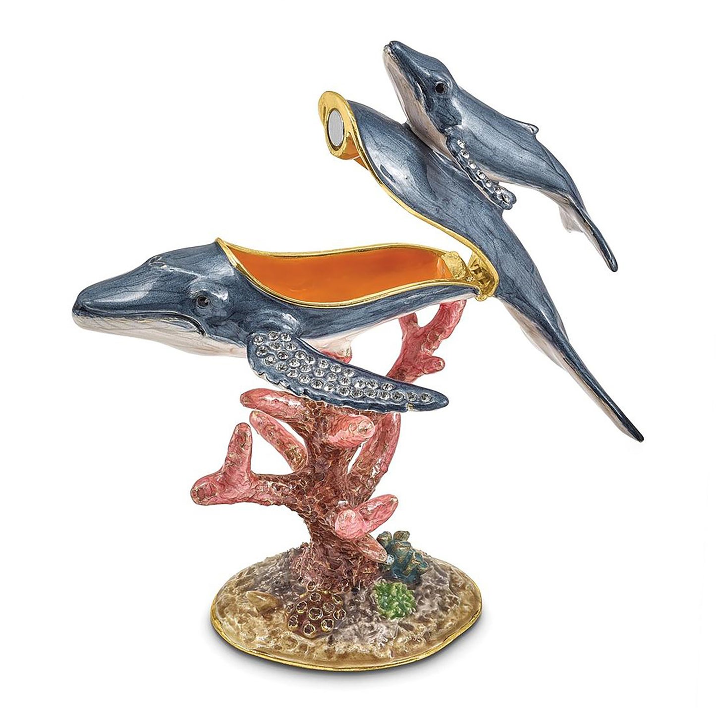 Pewter Bejeweled Crystals Gold-Tone Enameled Wynn And Wallis Blue Whale And Baby Trinket Container Bejeweled Trinket Box with Matching 18 Inch Necklace, Hand Painted Enameled Collectible Gift