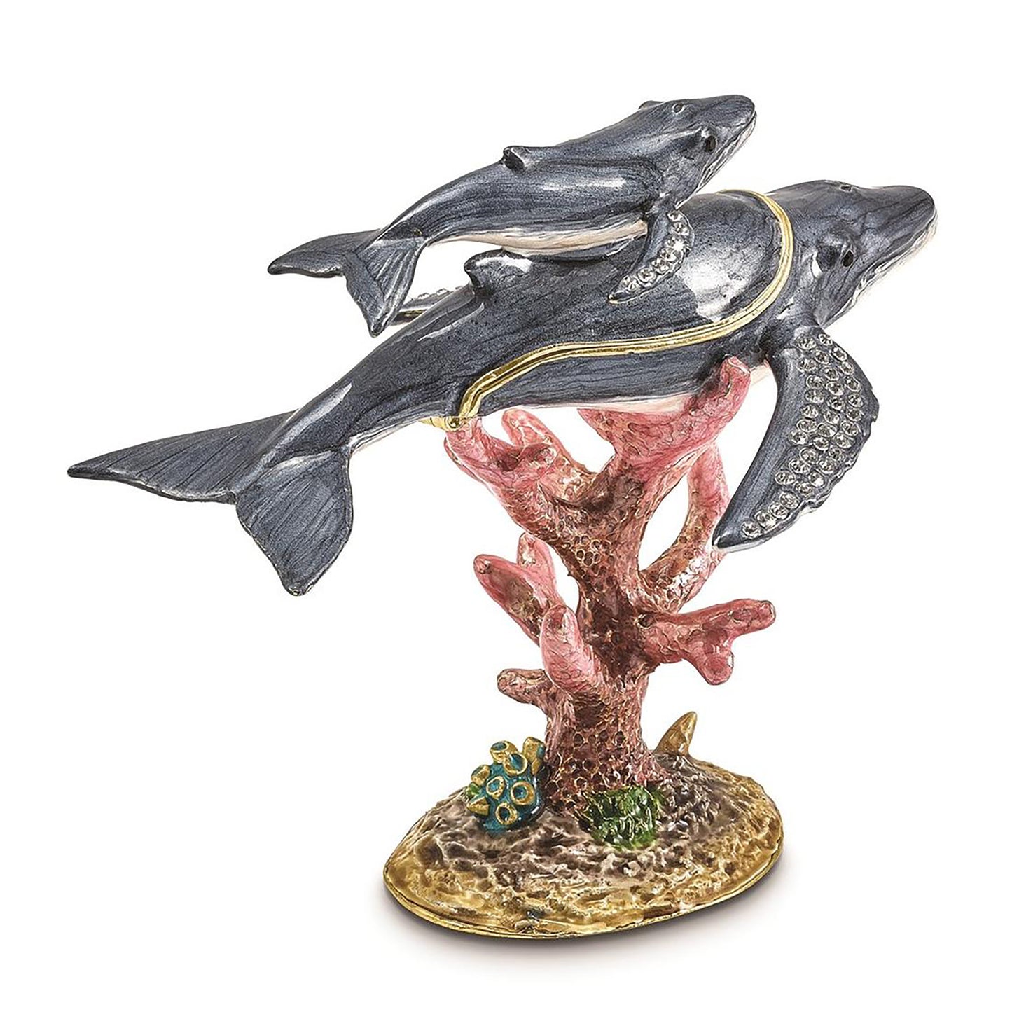 Pewter Bejeweled Crystals Gold-Tone Enameled Wynn And Wallis Blue Whale And Baby Trinket Container Bejeweled Trinket Box with Matching 18 Inch Necklace, Hand Painted Enameled Collectible Gift