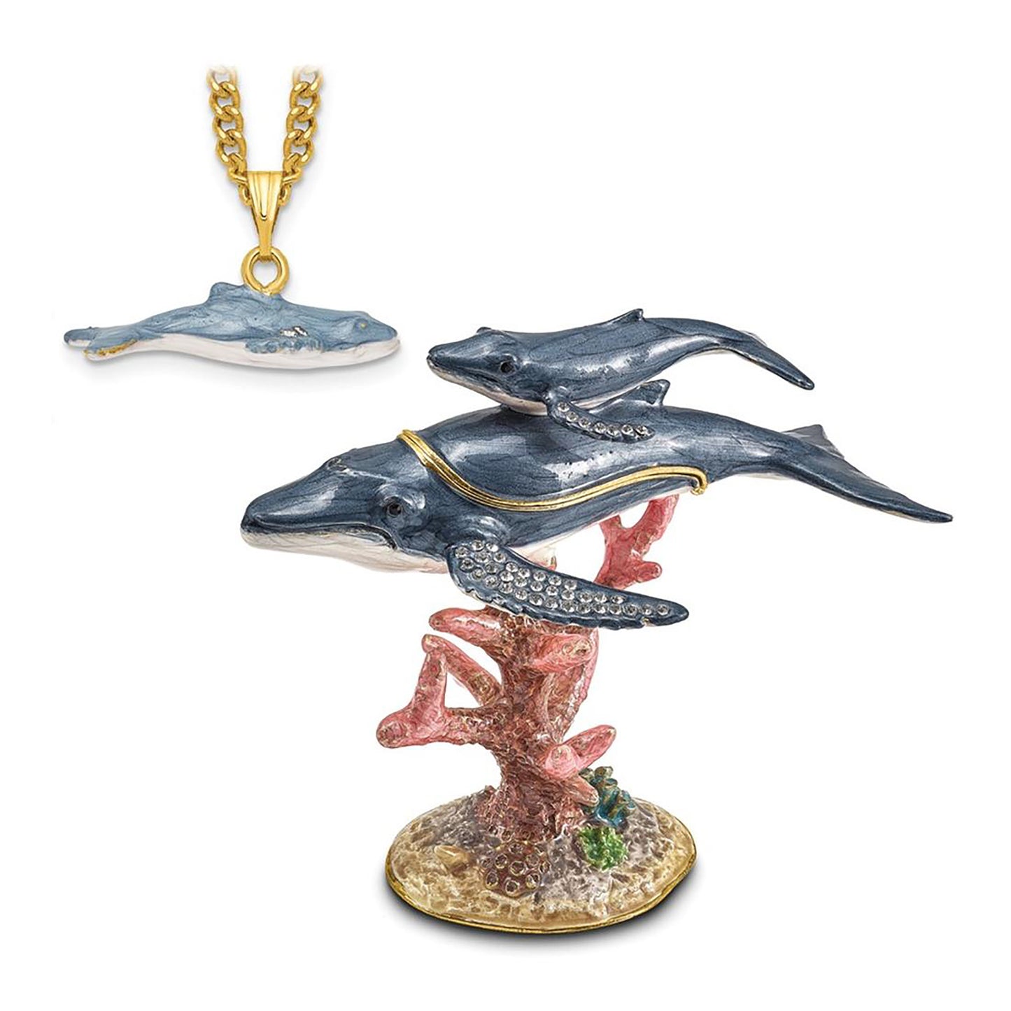 Pewter Bejeweled Crystals Gold-Tone Enameled Wynn And Wallis Blue Whale And Baby Trinket Container Bejeweled Trinket Box with Matching 18 Inch Necklace, Hand Painted Enameled Collectible Gift