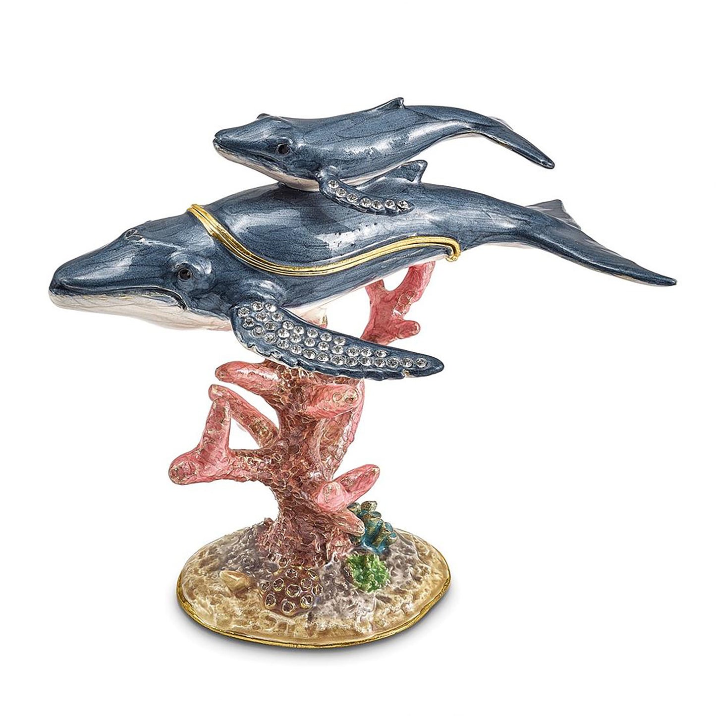 Pewter Bejeweled Crystals Gold-Tone Enameled Wynn And Wallis Blue Whale And Baby Trinket Container Bejeweled Trinket Box with Matching 18 Inch Necklace, Hand Painted Enameled Collectible Gift