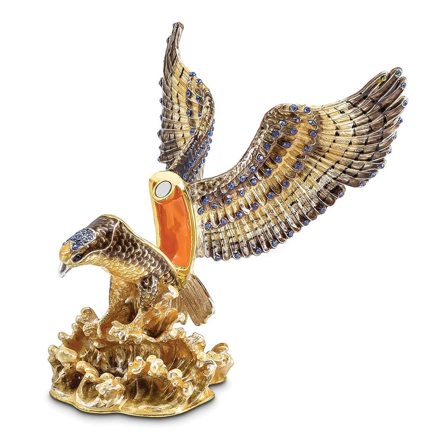 Pewter Bejeweled Crystals Gold-Tone Enameled Valiant Golden Eagle Trinket Container Bejeweled Trinket Box with Matching 18 Inch Necklace, Hand Painted Enameled Collectible Gift