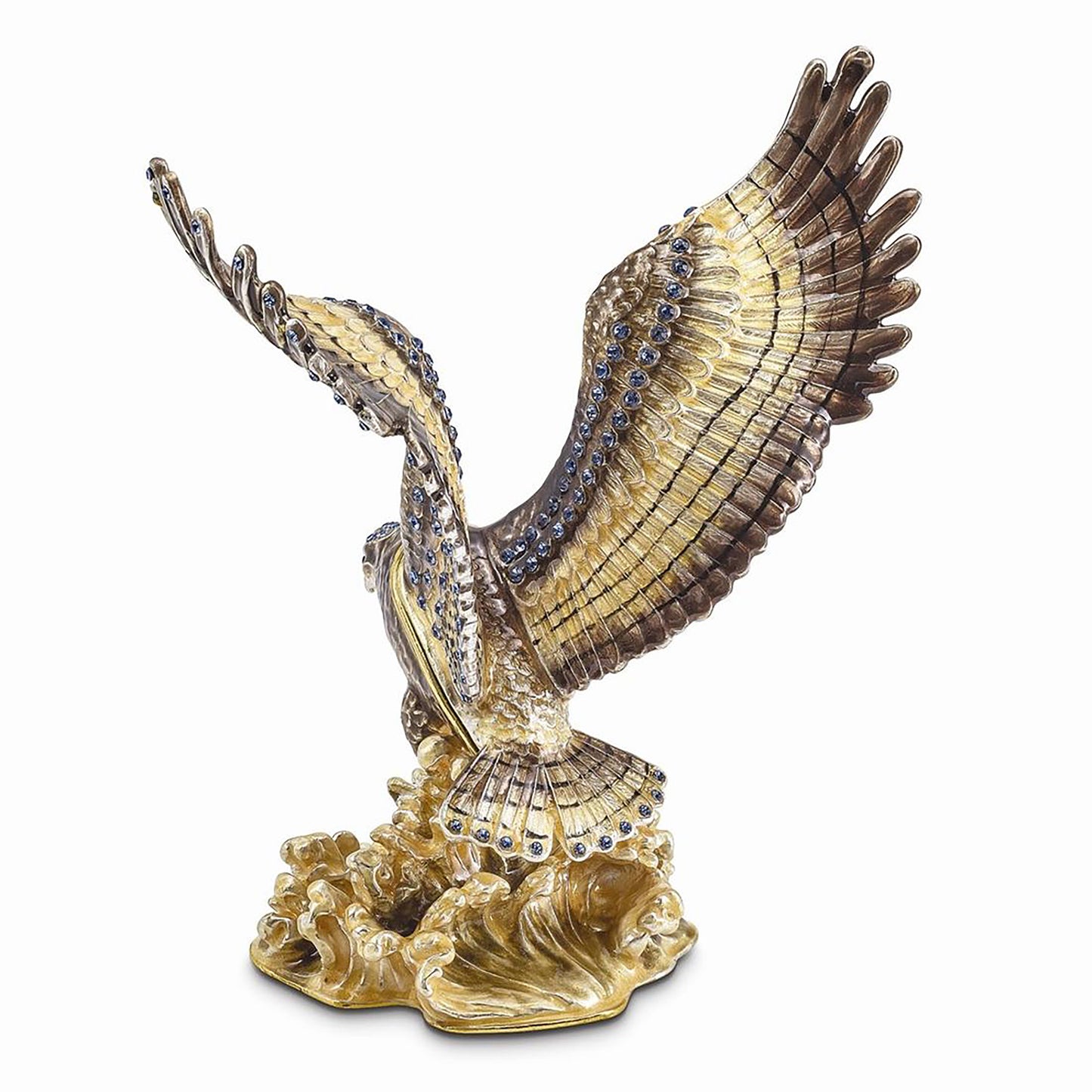 Pewter Bejeweled Crystals Gold-Tone Enameled Valiant Golden Eagle Trinket Container Bejeweled Trinket Box with Matching 18 Inch Necklace, Hand Painted Enameled Collectible Gift