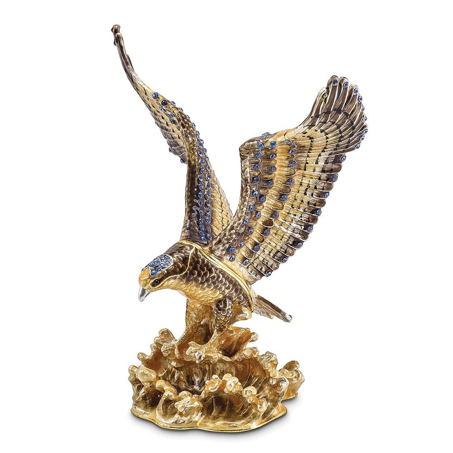 Pewter Bejeweled Crystals Gold-Tone Enameled Valiant Golden Eagle Trinket Container Bejeweled Trinket Box with Matching 18 Inch Necklace, Hand Painted Enameled Collectible Gift