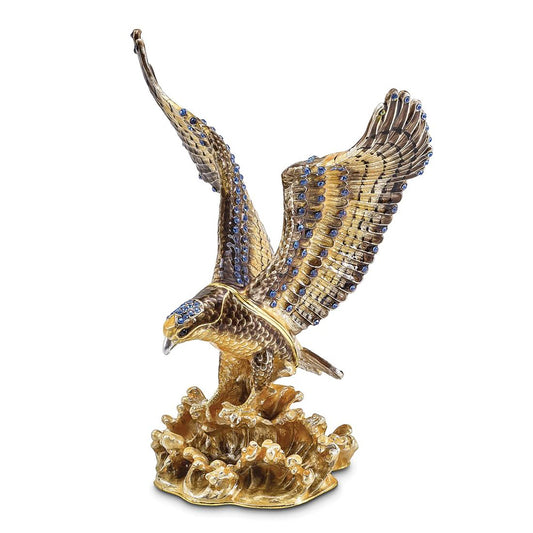 Pewter Bejeweled Crystals Gold-Tone Enameled Valiant Golden Eagle Trinket Container Bejeweled Trinket Box with Matching 18 Inch Necklace, Hand Painted Enameled Collectible Gift