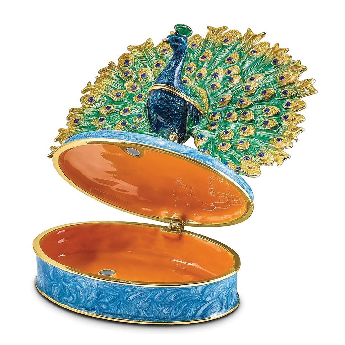 Pewter Bejeweled Crystals Gold-Tone Enameled Pero Peacock On Oval Trinket Container Bejeweled Trinket Box with Matching 18 Inch Necklace, Hand Painted Enameled Collectible Gift